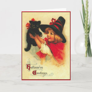 Kleine Hexe und schwarze Katze Vintage-Halloween-K Karte