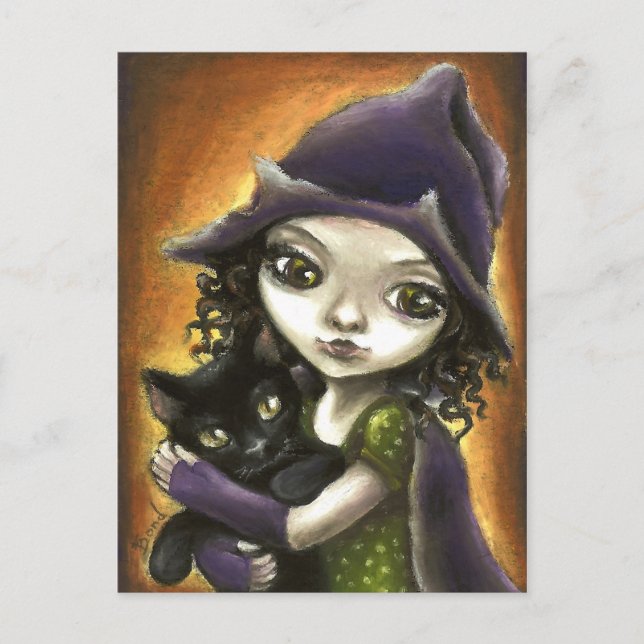 Kleine Hexe und schwarzes Kätzchen Postkarte (Vorderseite)