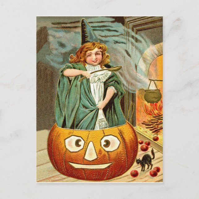 Kleine Hexenfrau kocht auf einem großen Kürbis Postkarte (Vorderseite)