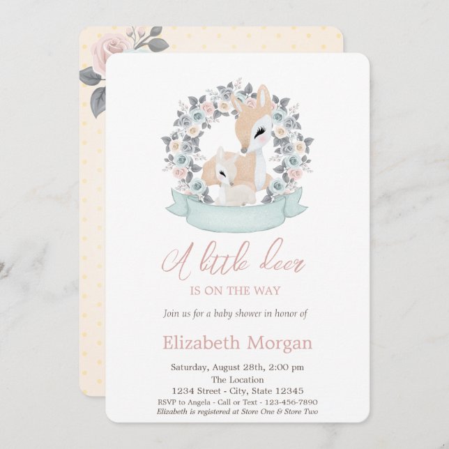 Kleine Hirsche Blume Aquarell Kinderdusche Einladung (Vorne/Hinten)