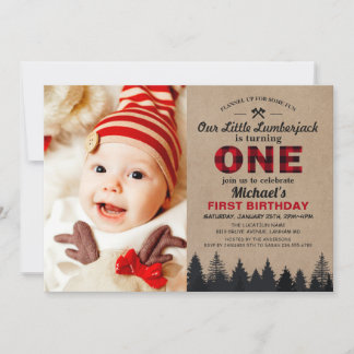 Kleine Holzfäller Erste Geburtstagsfeier Baby-Foto Einladung