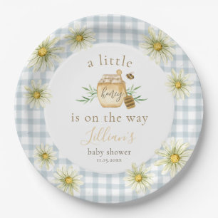 Kleine Honig auf dem Weg Blue Gingham Baby Shower Pappteller