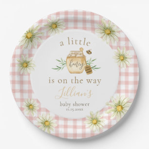 Kleine Honig auf dem Weg Pink Gingham Baby Shower Pappteller