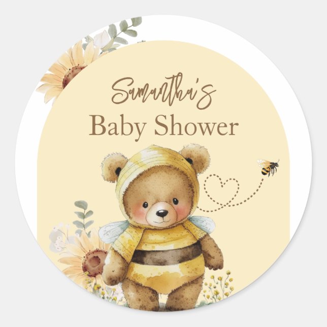 Kleine Honigbienen Bear Baby Dusche Runder Aufkleber (Vorderseite)