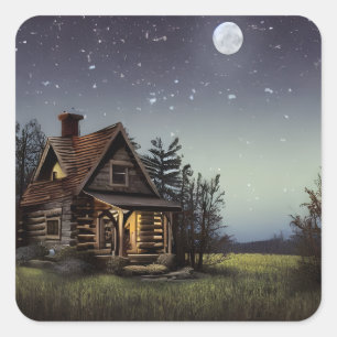 Kleine Hütte im Mondschein Quadratischer Aufkleber