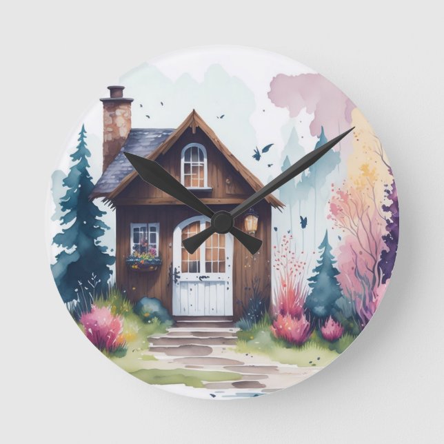 Kleine Hütte in der Wiesenhalle Runde Wanduhr (Vorderseite)