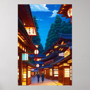 Kleine japanische Stadtstraße bei Nacht Poster
