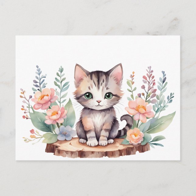 Kleine Katze mit Blumen Postkarte (Vorderseite)