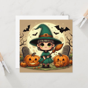 Kleine Kawaii-Hexe mit Halloweenkürbissen Einladung