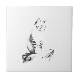 Kleine Keramik - Katze, Tintenwaschstil Fliese