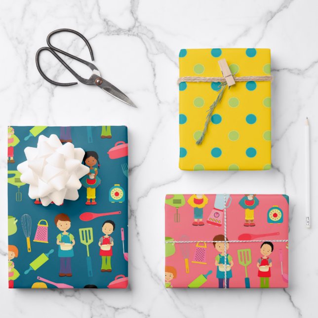 Kleine Kinder Kochen Packpapier 2 Geschenkpapier Set (Vorderseite)