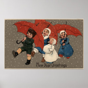 Kleine Kinder mit Regenschirmen Poster