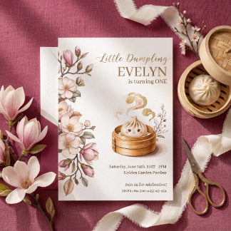 Kleine Klöße Magnolie Floral Mädchen 1. Geburtstag Einladung