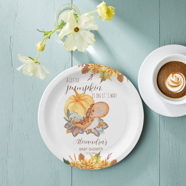 Kleine Kürbis-Dinosaurier-Herbstdusche Pappteller (Little pumpkin cute dinosaur fall baby shower personalized monogrammed paper plates table decor)
