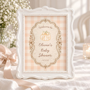 Kleine Kürbis-Gingham-Baby-Shower-Willkommen Poster