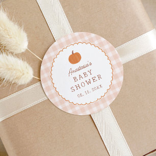 Kleine Kürbis-Herbst-Neutral-Gingham-Baby-Party Runder Aufkleber