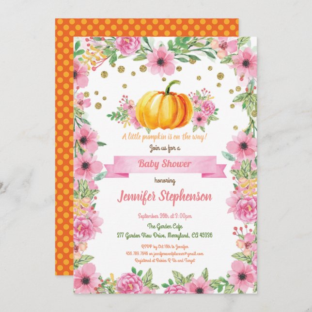 Kleine Kürbis Mädchen Dusche Einladung Blumen (Vorne/Hinten)