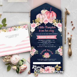Kleine Kürbis-Rosa-Blumen Navy Blau Baby Shower All In One Einladung