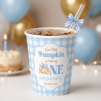 Kleine Kürbisblaue Gingham-Geburtstagspapierbecher Pappbecher