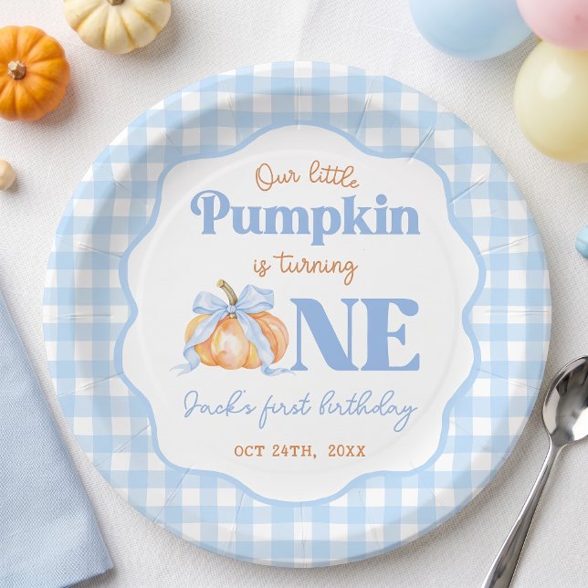 Kleine Kürbisblaue Gingham-Geburtstagspapierplatte Pappteller (Von Creator hochgeladen)