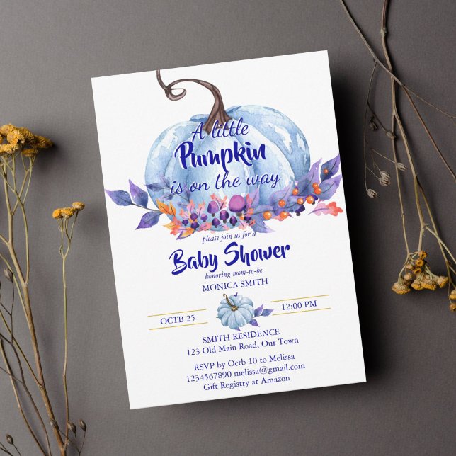Kleine Kürbisblütendusche Einladung (Little pumpkin fall baby shower blue pumpkin boys baby shower template invitation instant download)