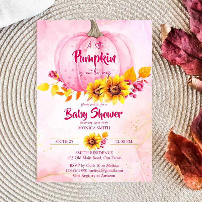 Kleine Kürbispink-Mädchen-Dusche Einladung (Little pumpkin pink girl baby shower template invitation instant download pink pumpkin sunflowers)