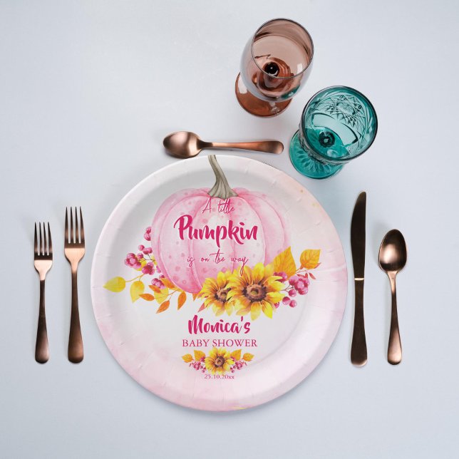 Kleine Kürbispink-Mädchen-Dusche Pappteller (Little pumpkin baby shower personalized plates pink pumpkin sunflowers girls baby shower tableware)
