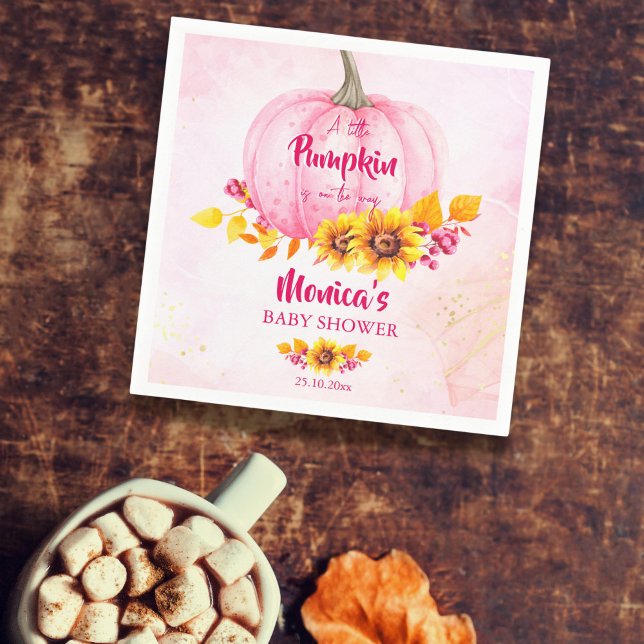 Kleine Kürbispink-Mädchen-Dusche Serviette (Little pumpkin baby shower tableware personalized napkins pink pumpkin sunflowers autumn foliage )