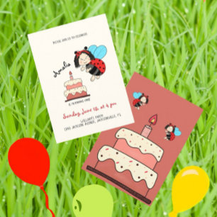 Kleine Ladybug mit Kuchen Einladung