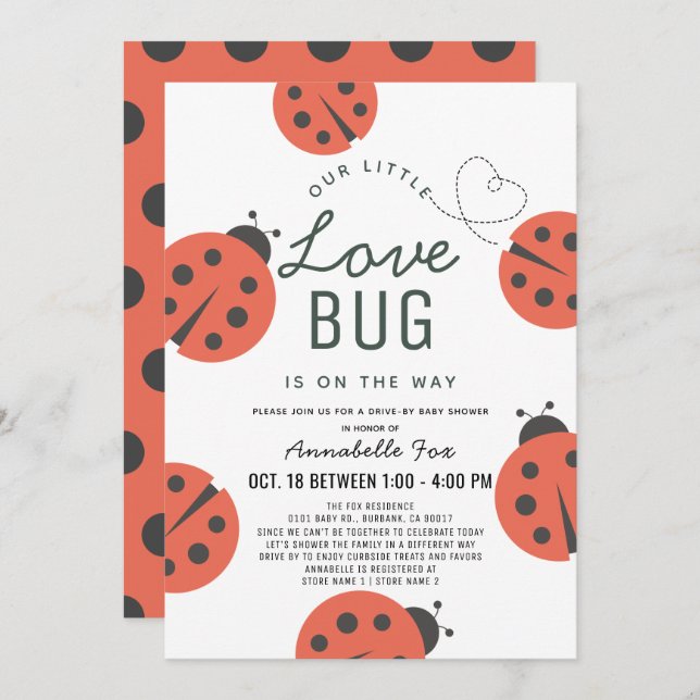 Kleine Liebe Bug Ladybug Drive-by Baby Shower Einladung (Vorne/Hinten)