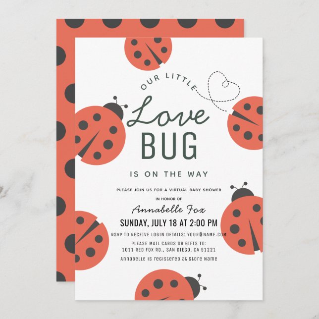 Kleine Liebe Bug Ladybug Virtual Baby Dusche Einladung (Vorne/Hinten)