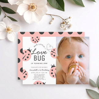 Kleine Liebe Bug Pink Ladybug 1. Geburtstag Foto Einladung