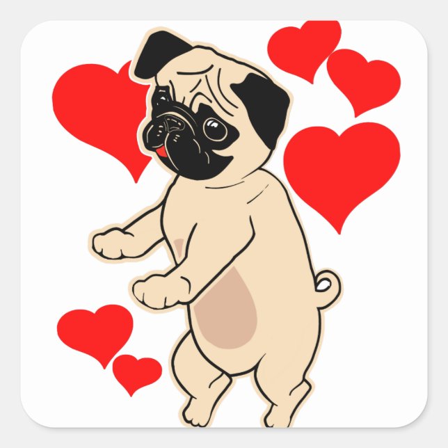 Kleine Liebe Mops Flossing Valentinhund Quadratischer Aufkleber (Vorderseite)