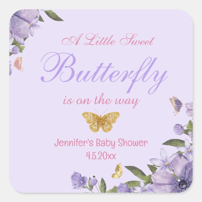 kleine lila Schmetterling-Blumen Babydusche Quadratischer Aufkleber (Vorderseite)