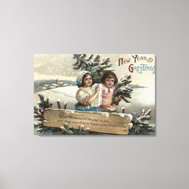 Kleine Mädchen, die ein Geschenk und einen Baum ha Leinwanddruck (Vorderseite)