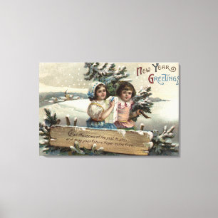 Kleine Mädchen, die ein Geschenk und einen Baum Leinwanddruck