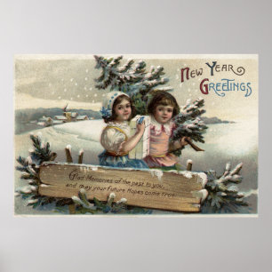 Kleine Mädchen, die ein Geschenk und einen Baum Poster