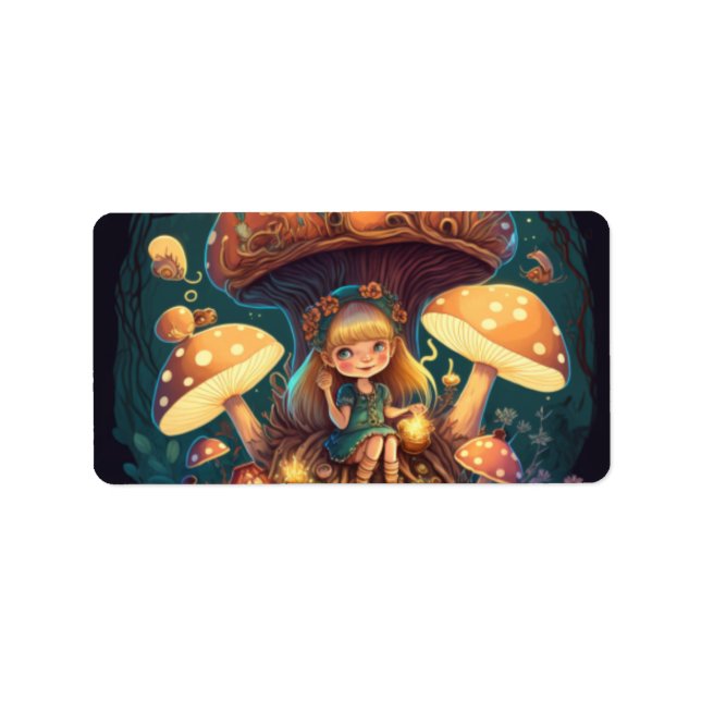 Kleine Mädchen-Elfe unter Pilzen Adressaufkleber (Vorne)