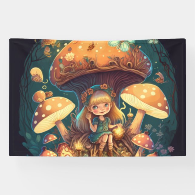 Kleine Mädchen-Elfe unter Pilzen Banner (Horizontal)