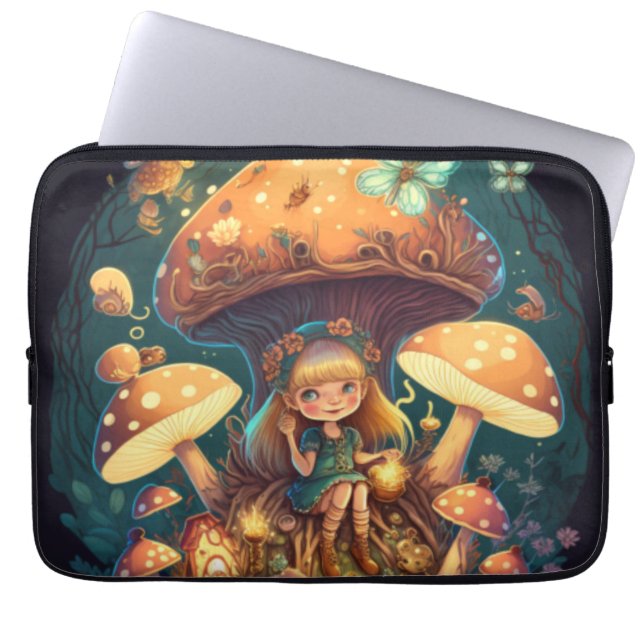 Kleine Mädchen-Elfe unter Pilzen Laptopschutzhülle (Vorderseite)