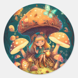 Kleine Mädchen-Elfe unter Pilzen Runder Aufkleber