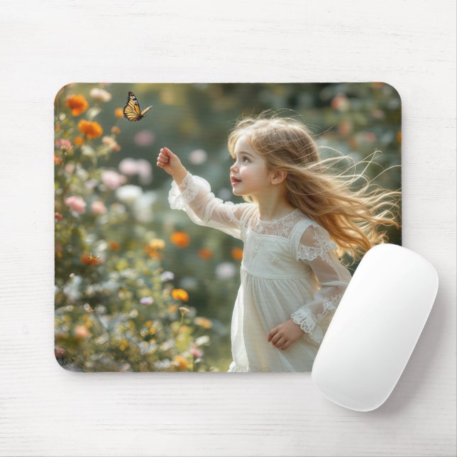 Kleine Mädchen jagen Monarchschmetterling Mousepad (Mit Mouse)