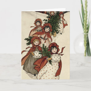 Kleine Mädchen mit Holly und dem Weihnachtsbaum Feiertagskarte