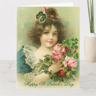 Kleine Mädchen Rosen und Kleeblätter St. Patricks  Karte