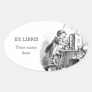 Kleine Mädchen spielen Haus Etching Ex Libris Ovaler Aufkleber