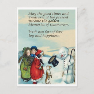 Kleine Mädchen treffen Schneemann-Gentlemen, vinta Postkarte