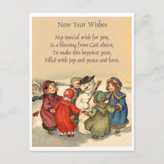 Kleine Mädchen um den Schneemann im Neuen Jahr, Vi Postkarte (Vorderseite)