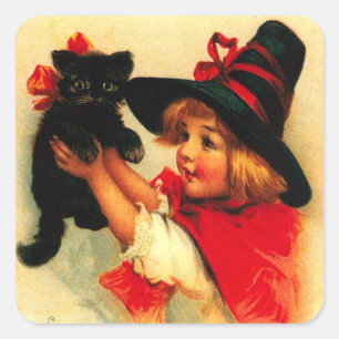 Kleine Mädchen und ihre schwarze Katze Quadratischer Aufkleber