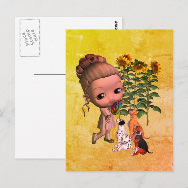 Kleine Mädchen und Welpen Postkarte (Vorne/Hinten)
