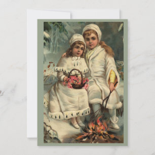 Kleine Mädchen wärmen sich am Feuer auf, Vintage Feiertagskarte